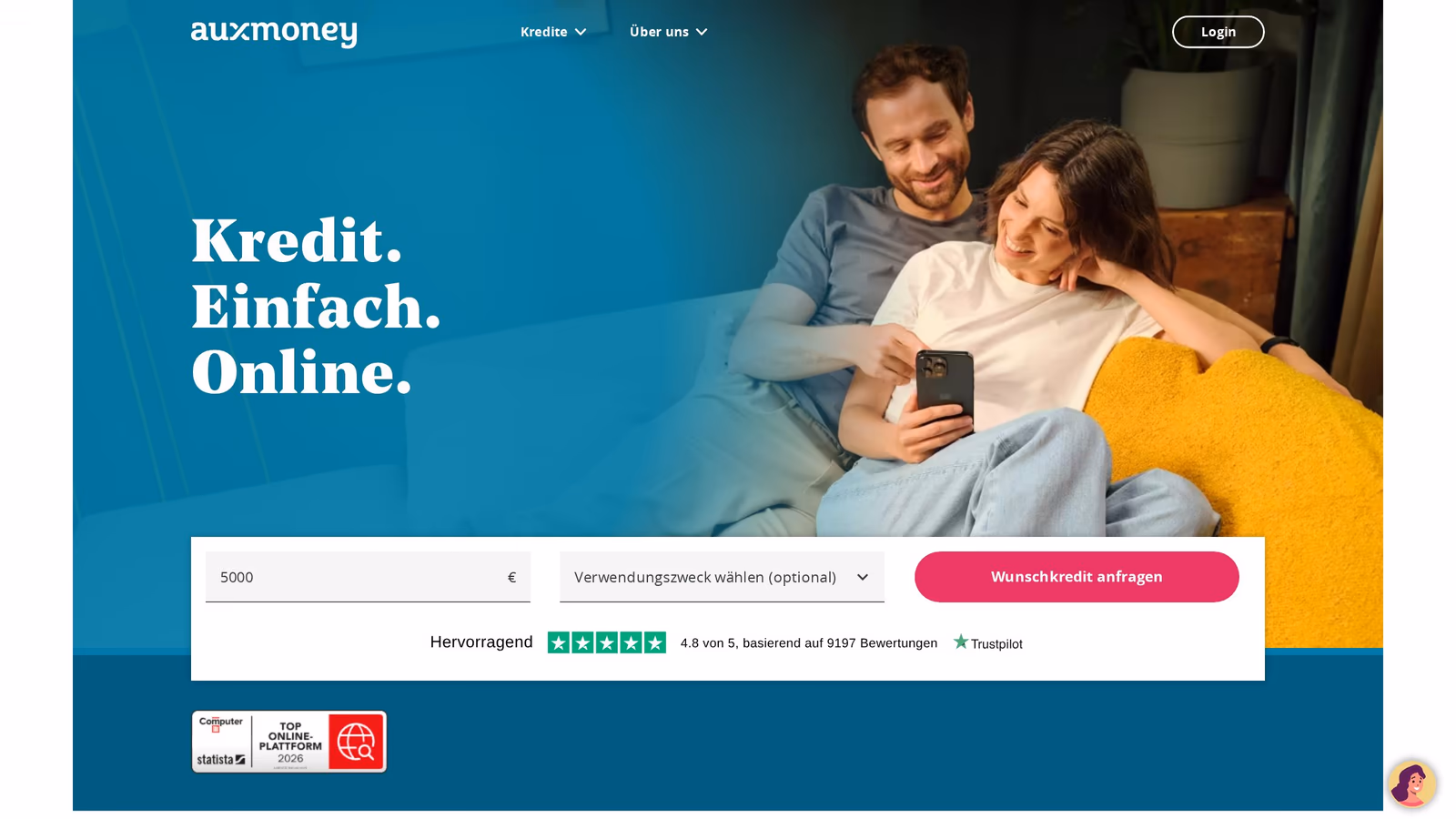 Screenshot of auxmoney.com — Germany's largest peer-to-peer loan marketplace