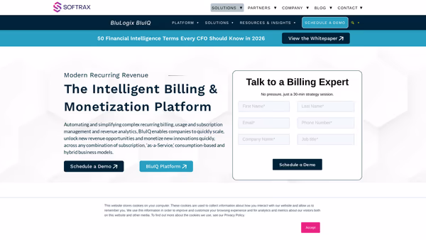 Screenshot of blulogix.com — BluLogix cloud billing platform for telecom operators
