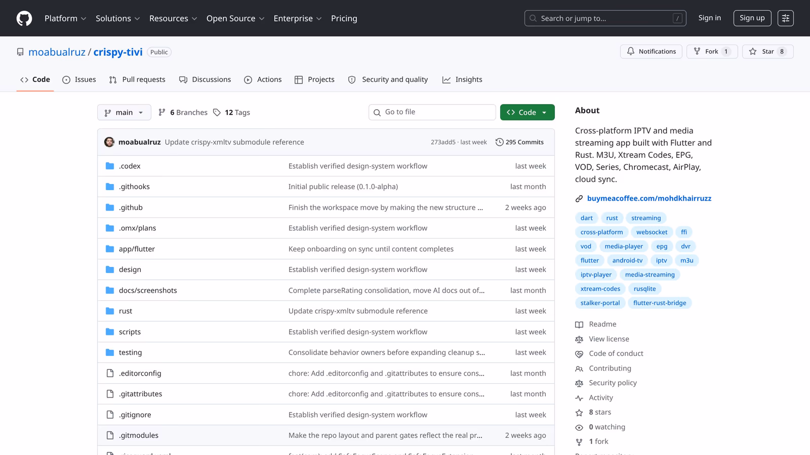 Screenshot of the Crispy-Tivi GitHub repo page showing the Flutter + Rust IPTV media app